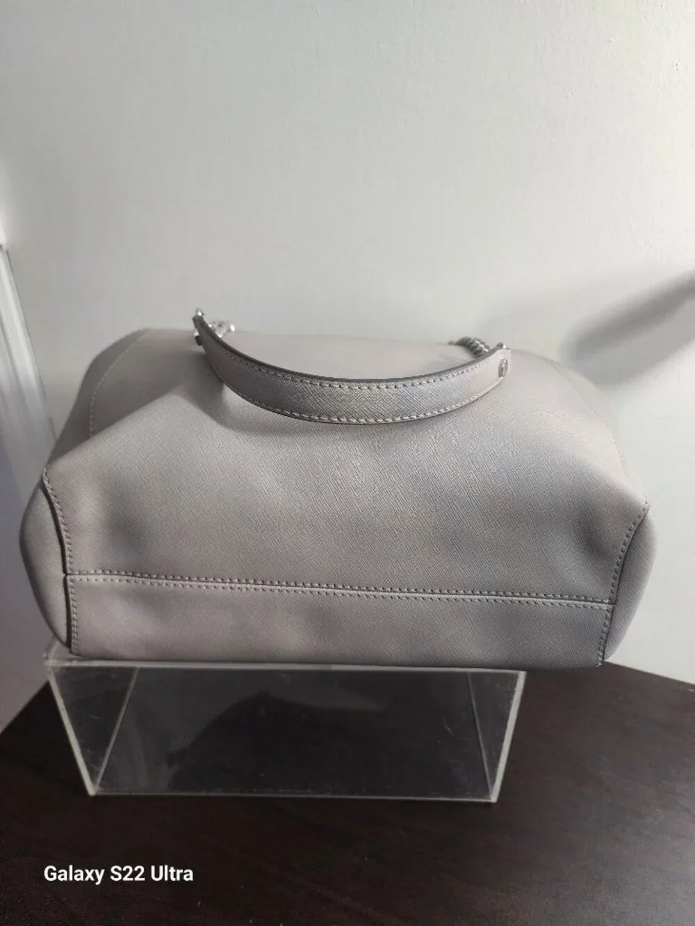 Michael Kors Gray Saffiano Leather Tote Bag With Chain/Leather Strap & Logo Acce